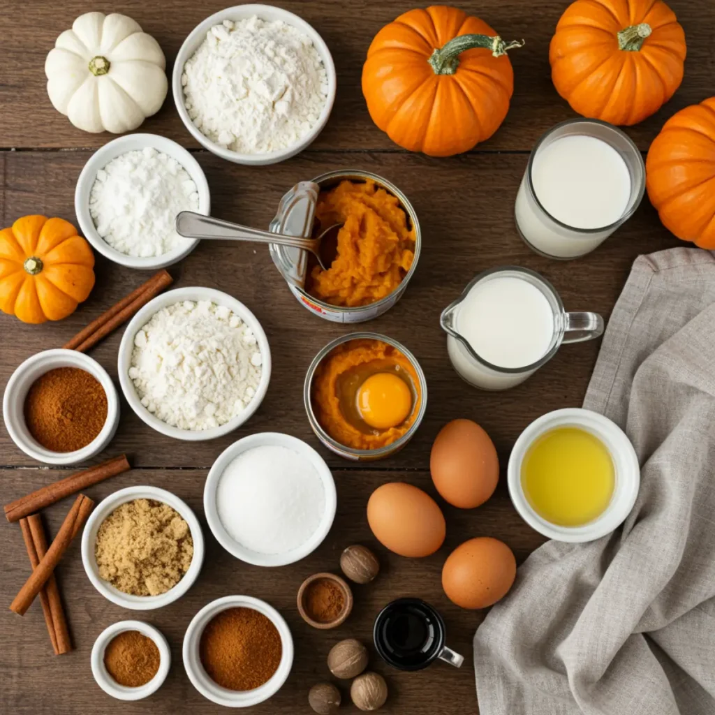 Ingredients for Cinnamon Sugar Pumpkin Bread displayed on rustic table