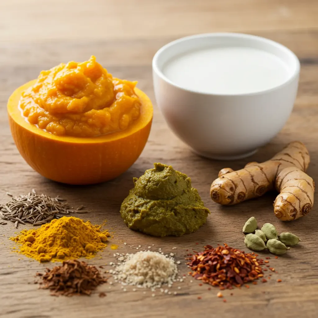 Coconut Curry Pumpkin Soup Recipe ingredients on table.