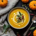 Coconut Curry Pumpkin Soup Recipe served in a rustic bowl with pumpkin seeds and chili garnish.