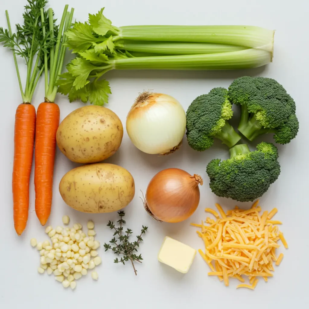 Cozy Creamy Vegetable Soup ingredients laid out