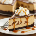 creamy coffee cheesecake slice with chocolate ganache and whipped cream