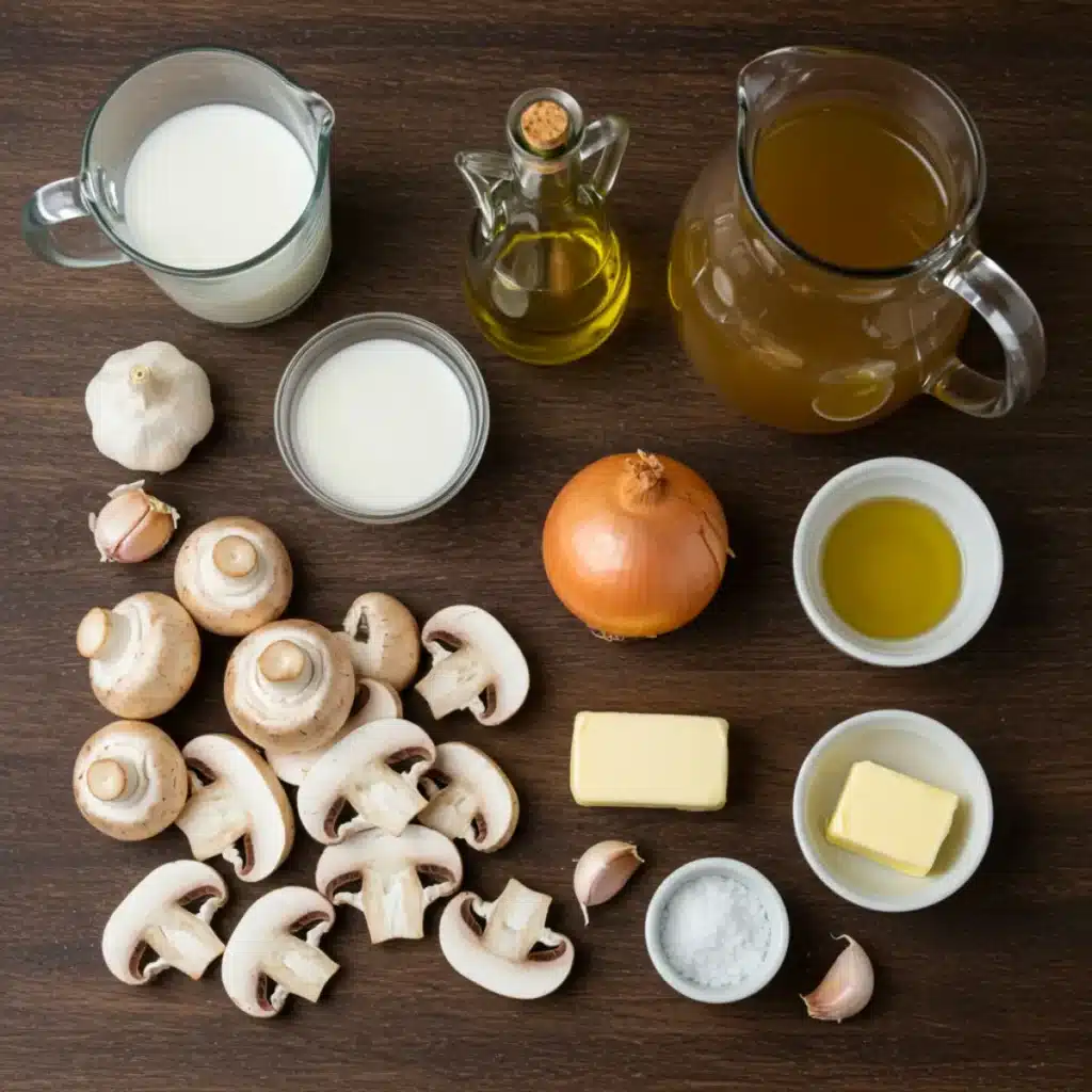 creamy mushroom soup recipe ingredients laid out