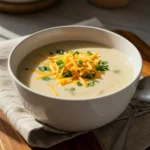 Creamy potato soup in a rustic bowl with toppings