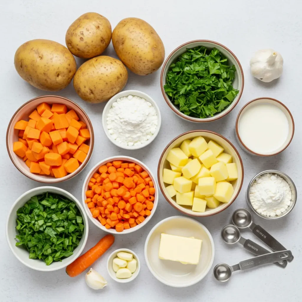 Ingredients for creamy potato soup recipe arranged neatly