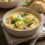 Creamy tortellini soup with sausage, kale, and Parmesan in a rustic bowl