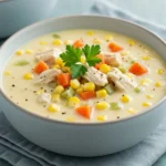 crockpot chicken corn chowder in a bowl with bacon and cheese