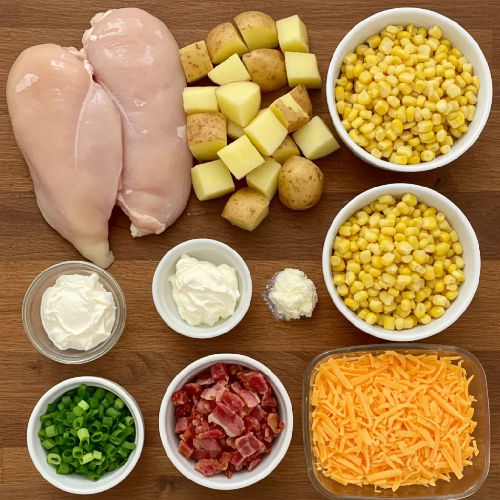 crockpot chicken corn chowder ingredients on table