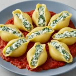 Easy Spinach and Ricotta Stuffed Shells with creamy filling on marinara sauce