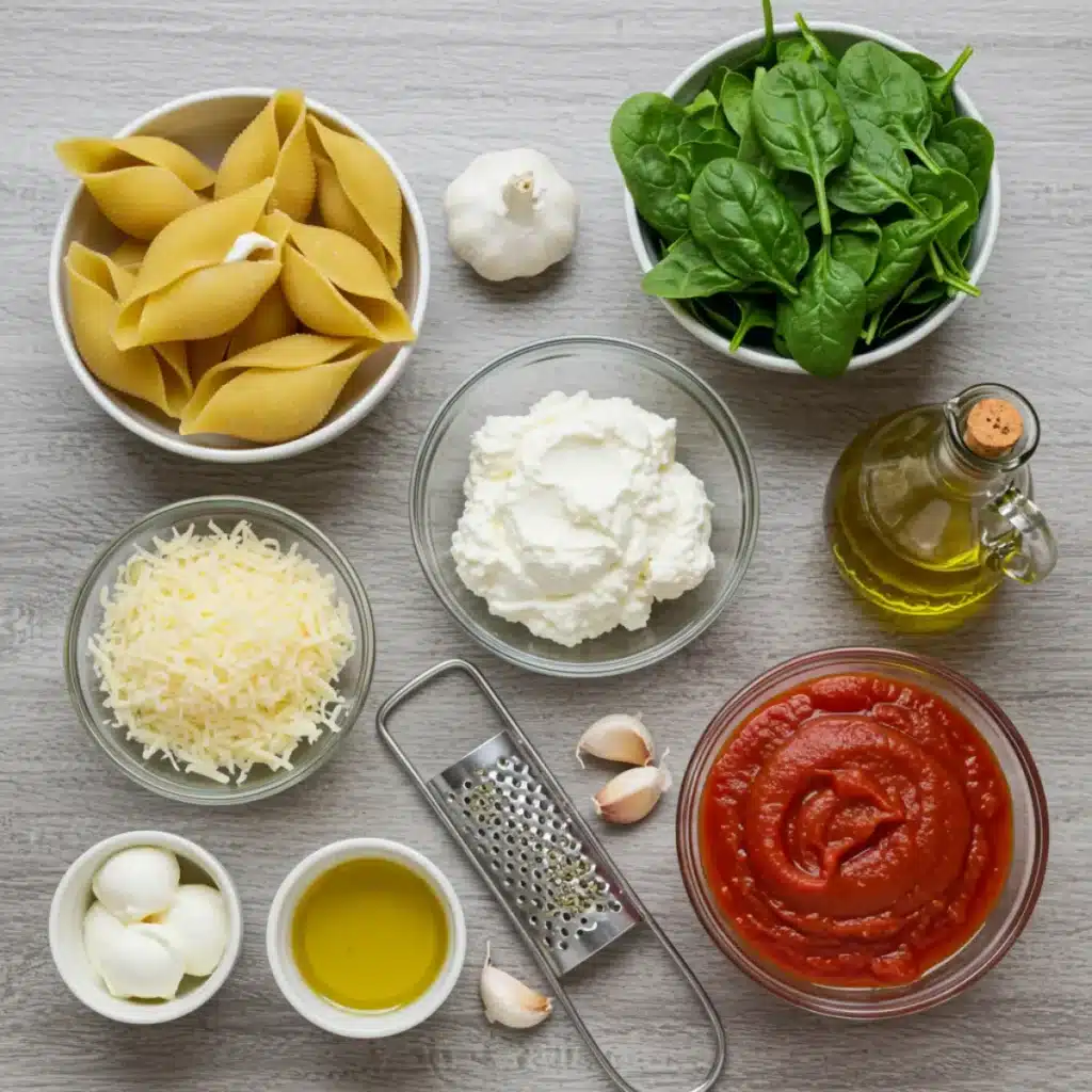 Ingredients for Easy Spinach and Ricotta Stuffed Shells on rustic wooden table