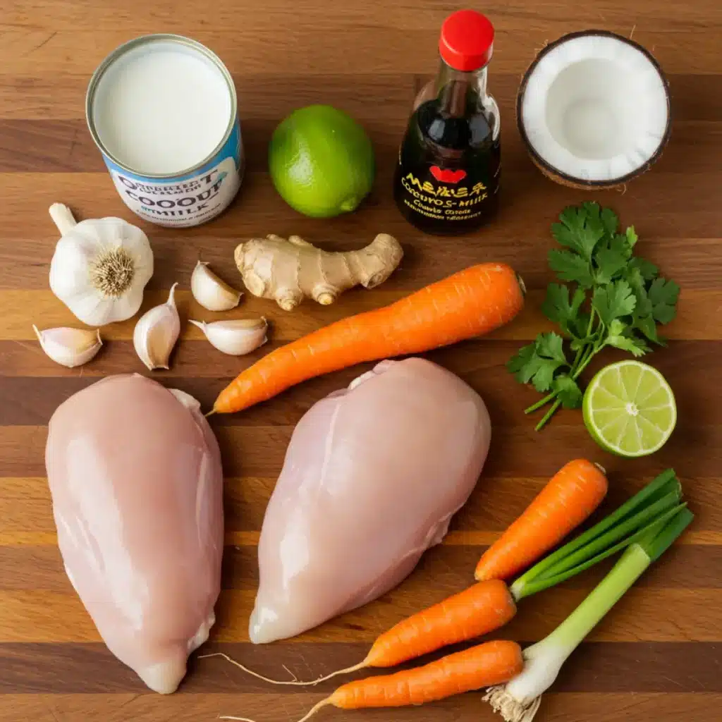 Easy Thai Chicken Soup ingredients flat lay