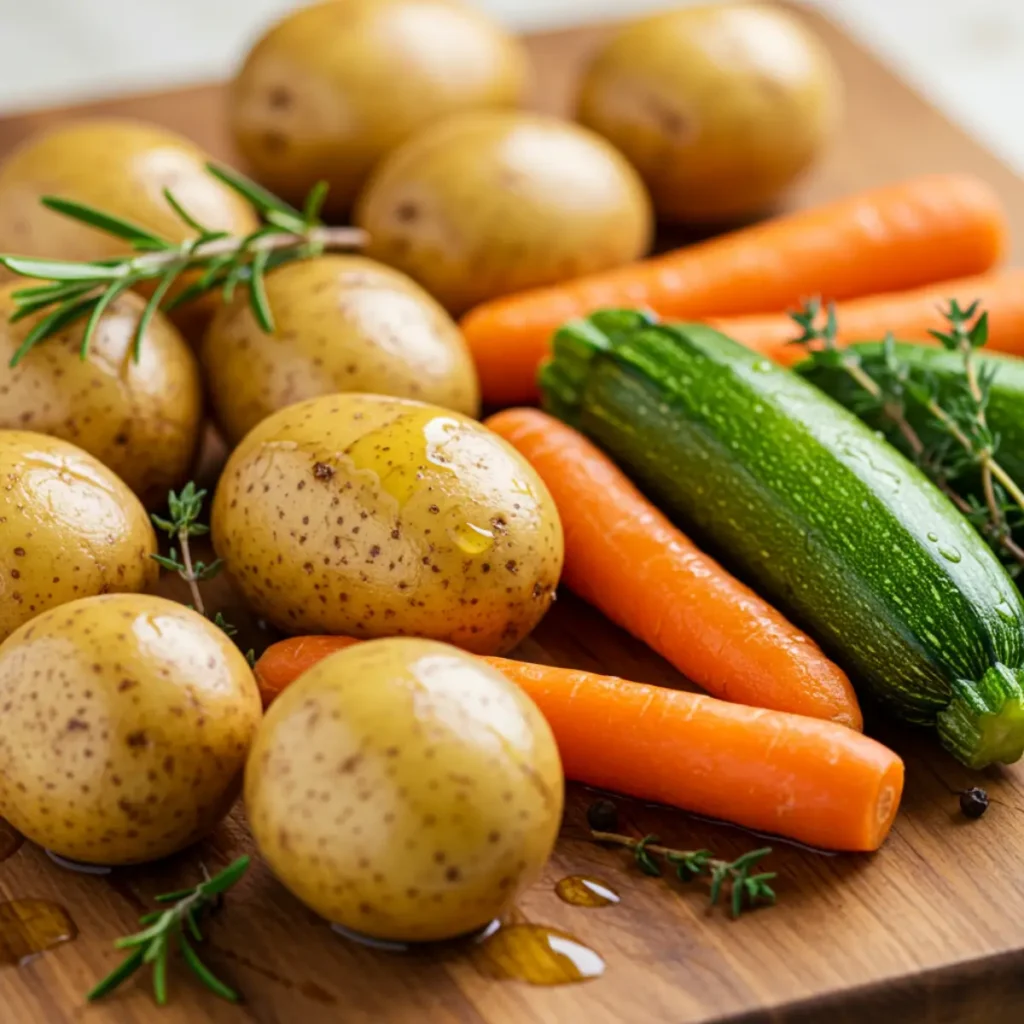 Fresh vegetables for Garlic Herb Roasted Potatoes Carrots and Zucchini