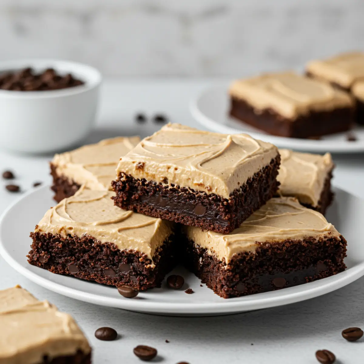 Frosted Coffee Brownies with creamy coffee frosting on a plate