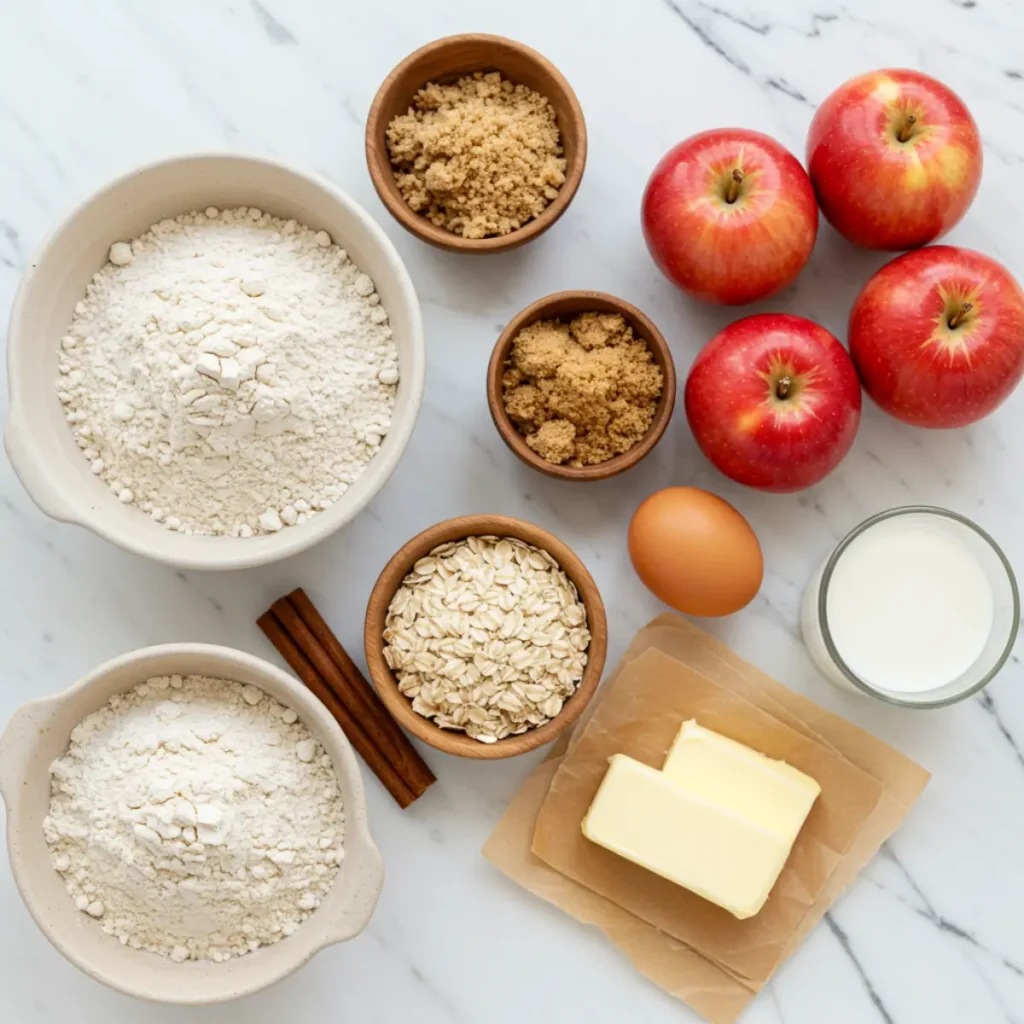 Ingredients for Healthy Apple Cinnamon Oat Muffins on marble background