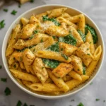 Healthy Garlic Parmesan Chicken Pasta Recipe with creamy sauce, spinach, and golden chicken in a white bowl