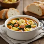 Hearty Tortellini Soup in rustic bowl