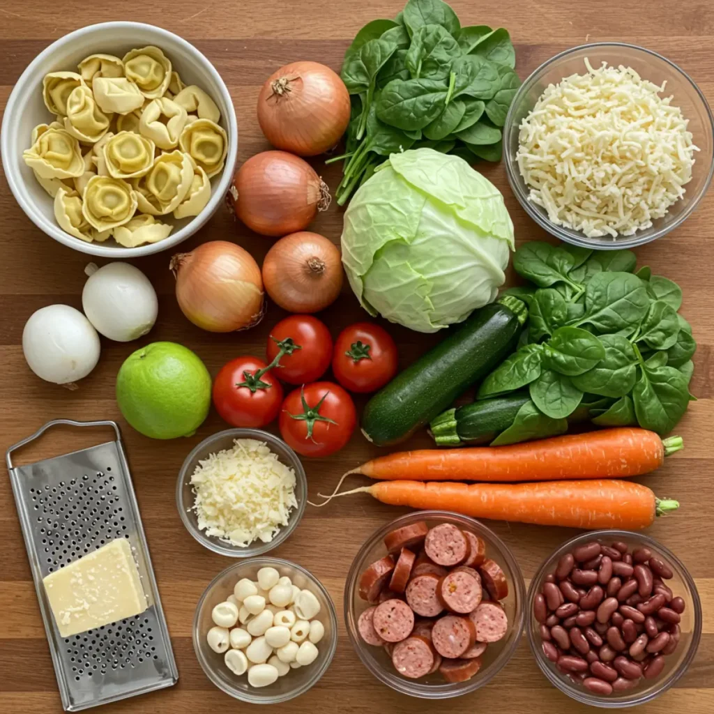 Hearty Tortellini Soup ingredients flat lay