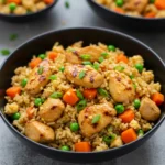 High protein crispy garlic chicken fried rice with peas, carrots, and golden chicken