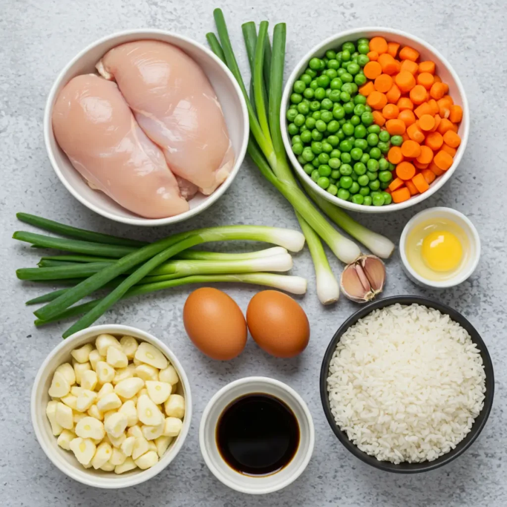 Ingredients for high protein crispy garlic chicken fried rice
