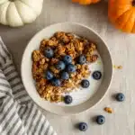 maple pumpkin granola in ceramic bowl with blueberries and milk