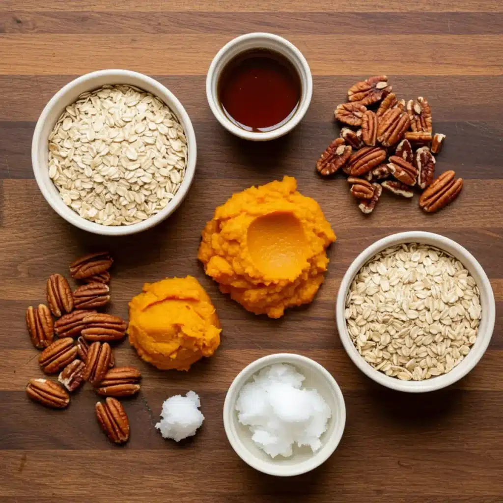 maple pumpkin granola ingredients flat lay
