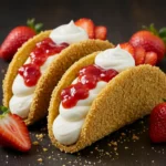 Strawberry Crunch Cheesecake Tacos with creamy filling and fresh strawberries
