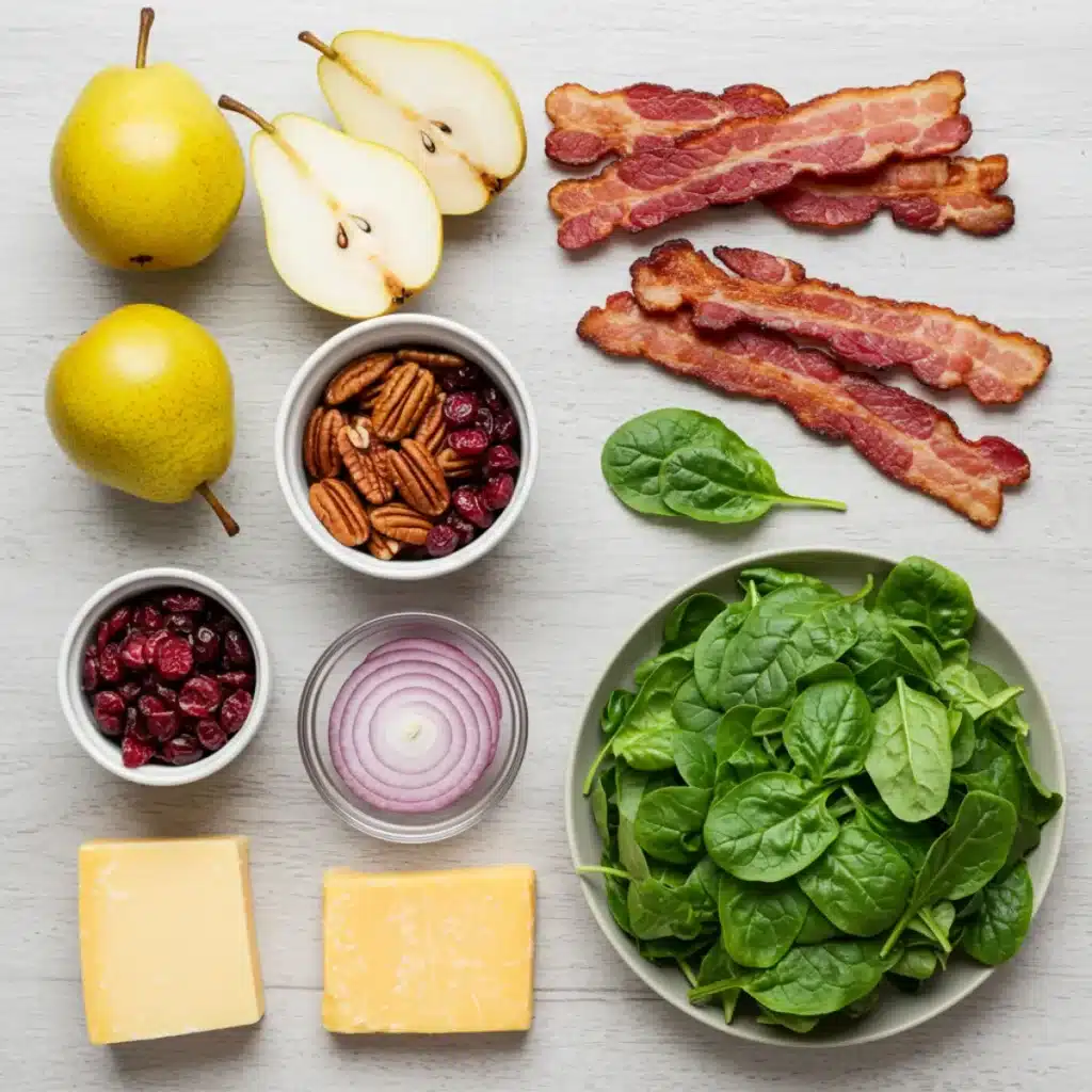 Pear and Pecan Salad ingredients laid out on a table
