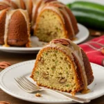 Slice of moist Pecan Zucchini Bundt Cake with glaze