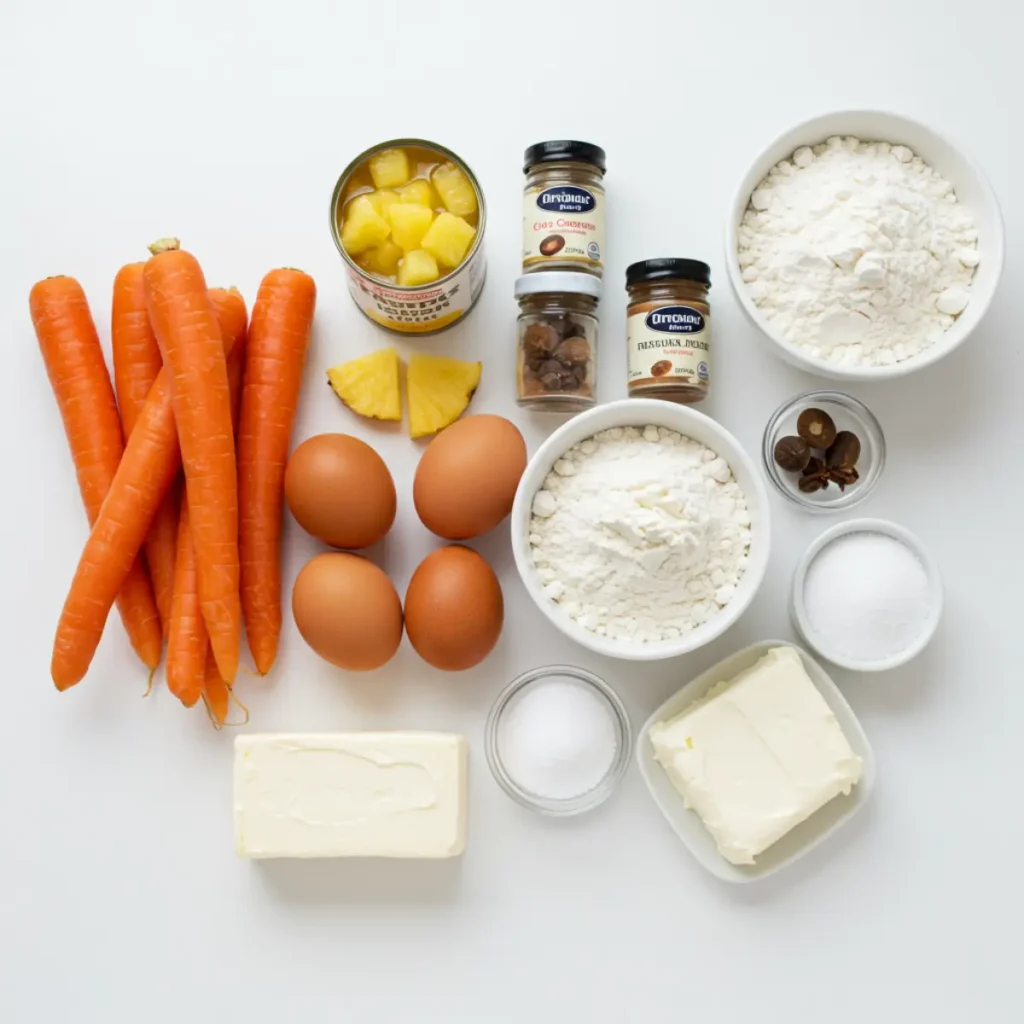 Ingredients for pineapple carrot cream cake laid out