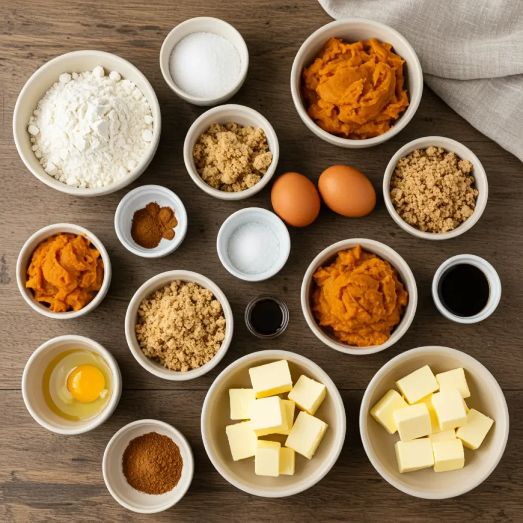 Pumpkin Bread with Streusel Topping ingredients flat lay