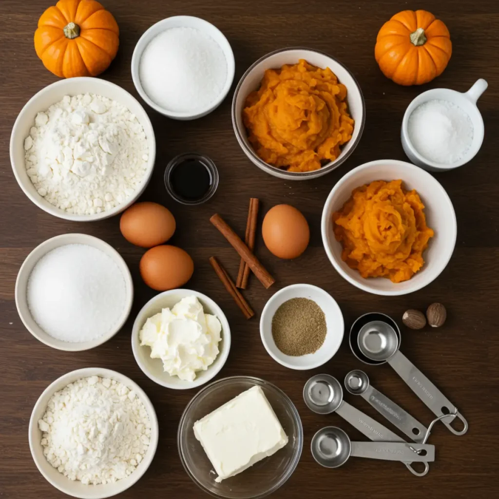 Ingredients for Pumpkin Cheesecake Muffins on a kitchen counter