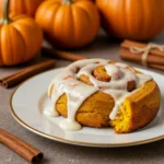 Pumpkin cinnamon roll with cream cheese glaze on a plate