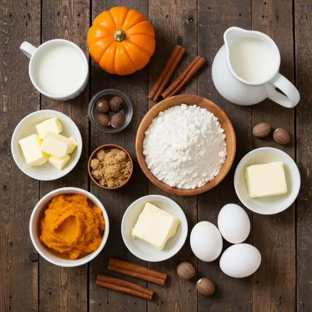 Pumpkin cinnamon rolls ingredients on a wooden table