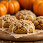 Pumpkin Coffee Cake Cookies with crumb topping and vanilla glaze