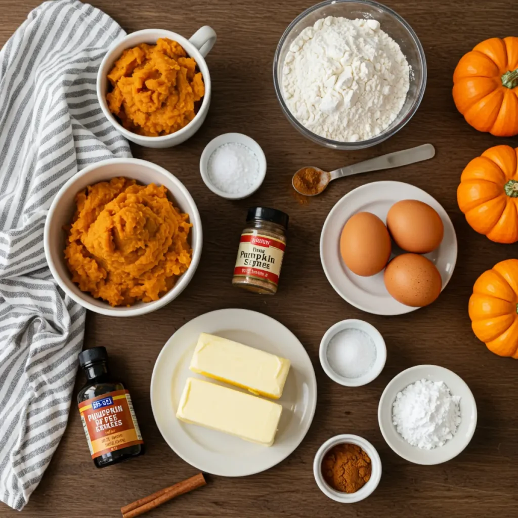 Ingredients for Pumpkin Coffee Cake Cookies displayed on a wooden table