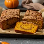 Pumpkin Coffee Cake with streusel topping and cinnamon swirl on baking tray