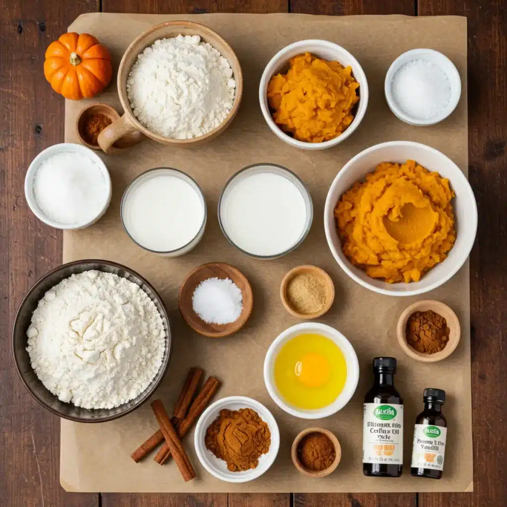 Pumpkin Coffee Cake ingredients flat lay with flour, pumpkin puree, and spices