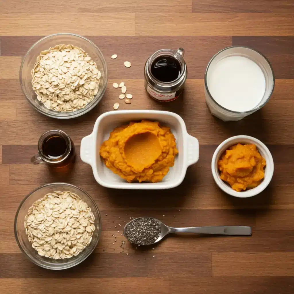 Pumpkin Overnight Oats ingredients on a rustic wooden table