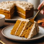 Slice of Pumpkin Spice Latte Cake with espresso buttercream frosting on a rustic plate
