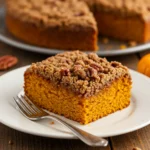 Pumpkin Streusel Coffee Cake slice with pecan streusel topping on a plate