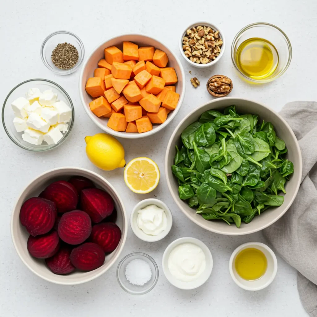 Ingredients for Roasted Beet Salad with Sweet Potato & Feta arranged on a kitchen counter