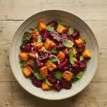 Roasted Beet Sweet Potato Salad served in a bowl