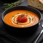 roasted garlic tomato soup in a bowl with basil
