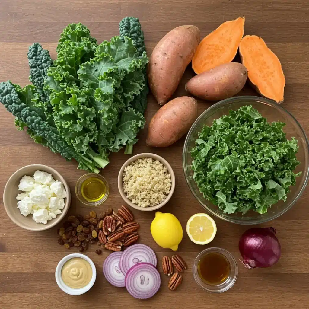 roasted sweet potato kale salad ingredients on table