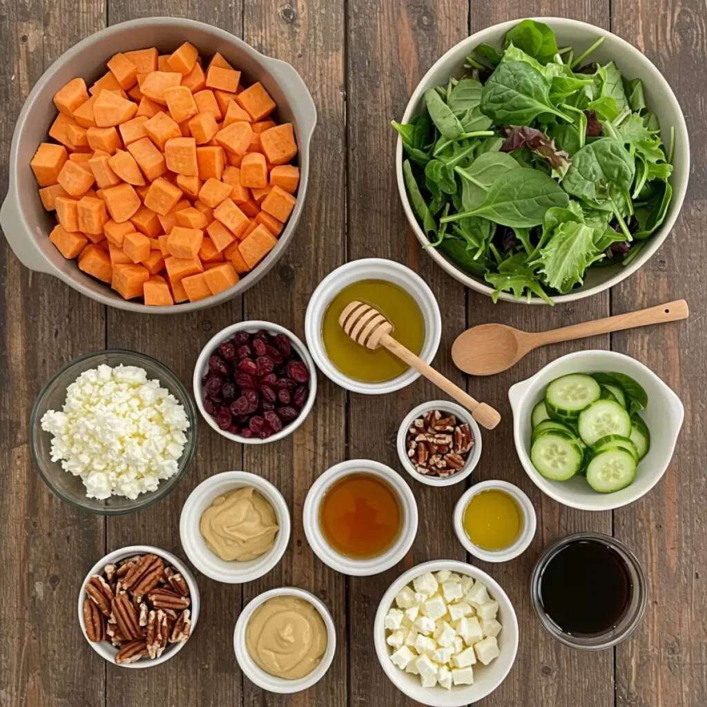 roasted sweet potato salad ingredients laid out on a wooden table