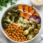Roasted Veggie Chickpea Bowls with maple dijon tahini dressing