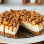 salted caramel apple pie cheesecake with caramel drizzle and apple topping