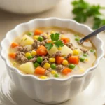 Shepherd’s Pie Soup Recipe in a white bowl with vegetables and beef