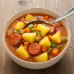 Spanish Potato Soup with Chorizo served in a rustic bowl