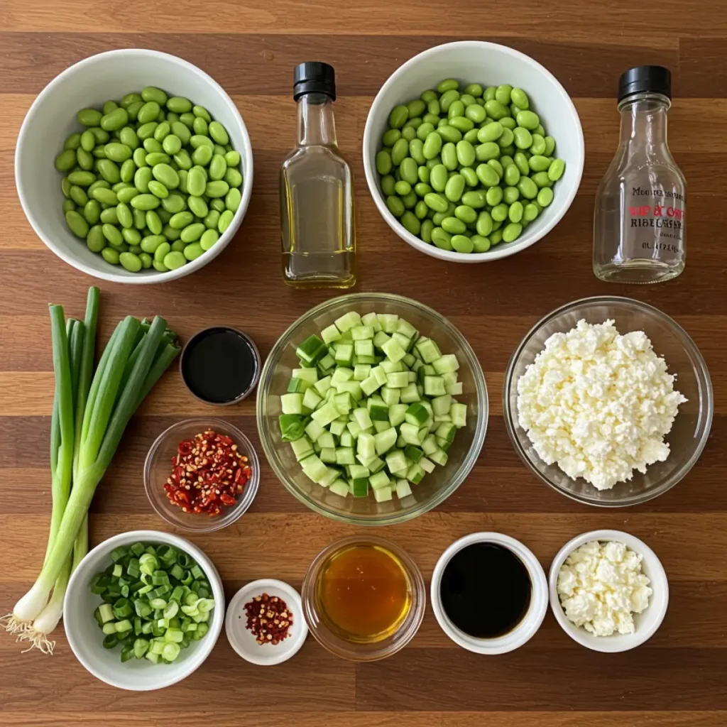 Spicy cucumber edamame salad ingredients prepared on table