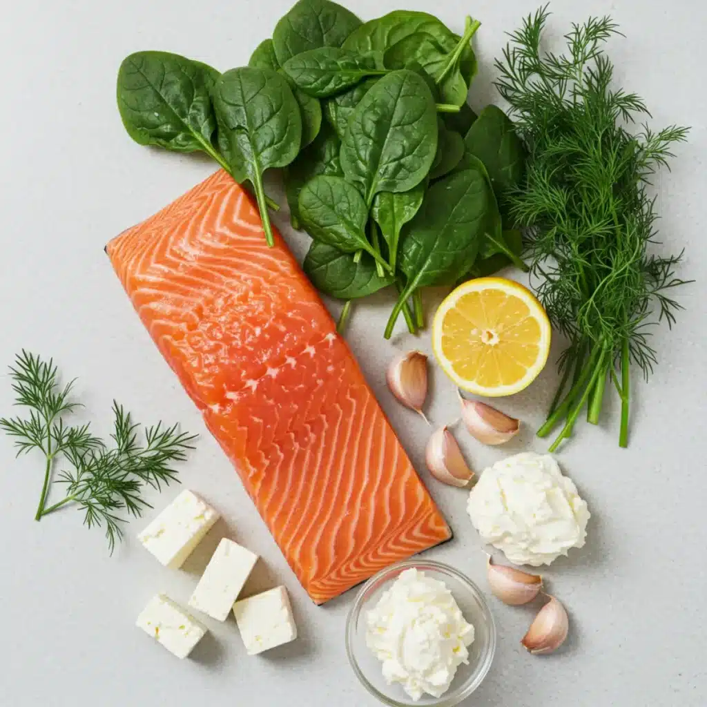 Ingredients for Spinach and Feta Stuffed Salmon Pinwheels
